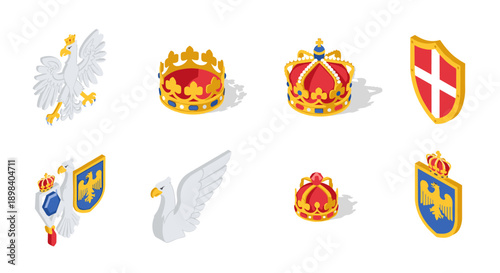 Isometric heraldic symbols with crowns and shields in vibrant colors