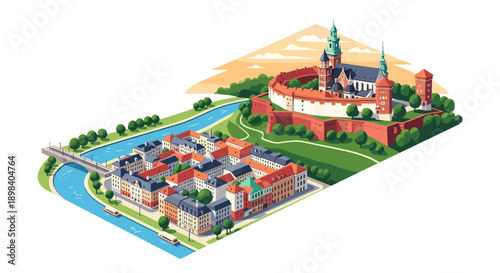 Isometric cityscape with historic castle, river, and residential area
