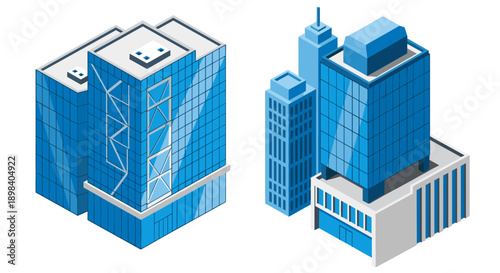 Modern isometric urban buildings in blue tones for architectural design projects