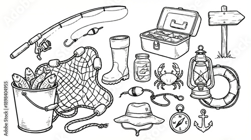 collection of fishing gear and tools on white background
