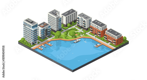 Isometric cityscape with modern buildings surrounding tranquil lake