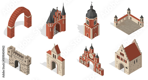 Isometric medieval architecture set with historic gates and towers