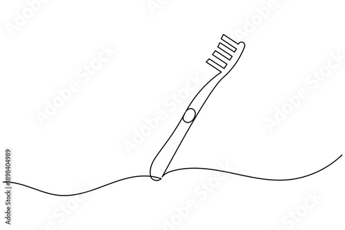 A minimalist continuous one line drawing of a toothbrush on a white background, perfect for dental health and oral hygiene design concepts in a modern vector style.