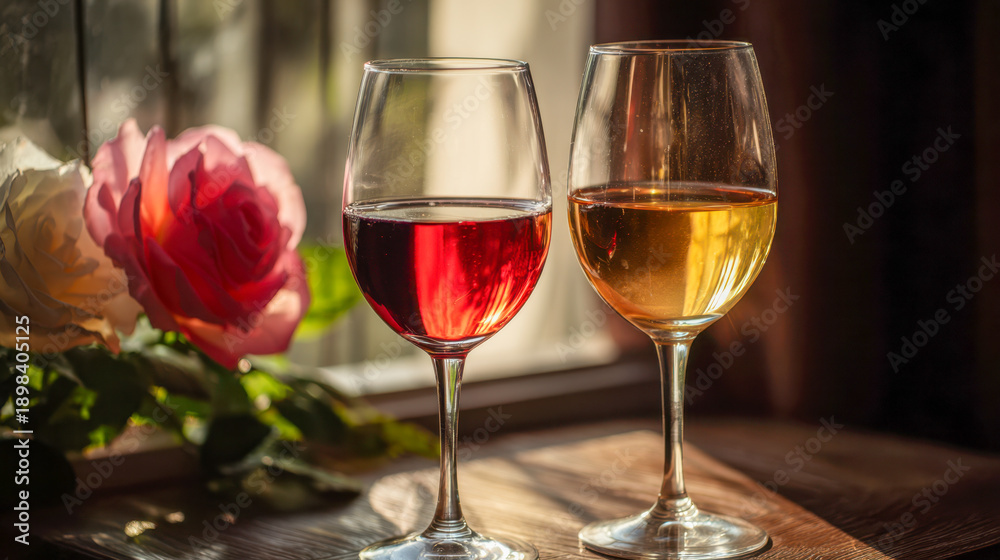 Fototapeta premium Two elegant glasses of ros? and white wine beautifully illuminated by warm sunlight with soft pink roses in the background for a romantic setting
