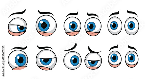 cartoon blue eyes expression set, cute animated eye emotions collection, vector character facial detail design illustration pack isolated white background