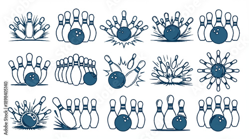 collection of illustrations of bowling balls and pins in different positions