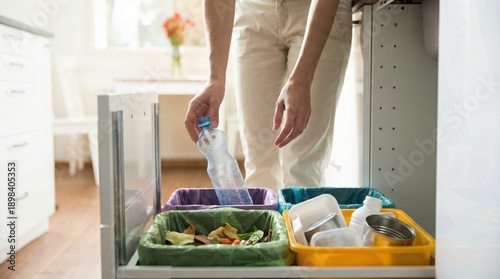 Sorting household waste in kitchen,categorized trash disposal for recycling,environmental awareness and sustainable lifestyle at home