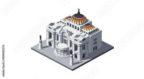 Isometric white urban building with ornate dome and statues in daylight