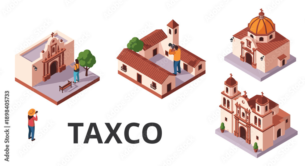 Naklejka premium Exploring taxco's iconic architecture: isometric view of historic churches and landmarks