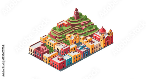 Vibrant isometric townscape with colorful buildings and hilltop tower