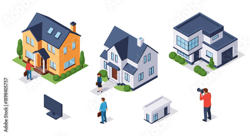 Isometric home designs with people and objects in modern urban environment