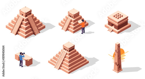 Ancient architecture isometric set featuring pyramid and ruins with people exploring