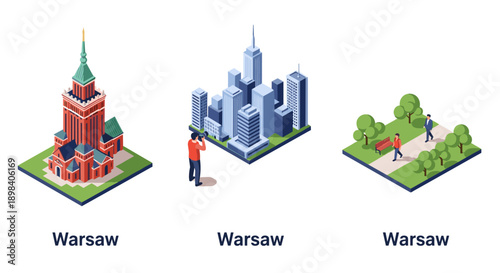 Isometric city set: iconic warsaw landmarks in architecture and urban design