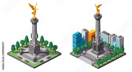 Isometric view of angel of independence monument in urban cityscape