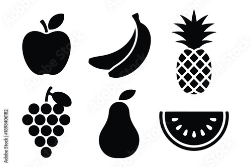 Fresh Fruit Icons: Apple, Banana, Pineapple, Grapes