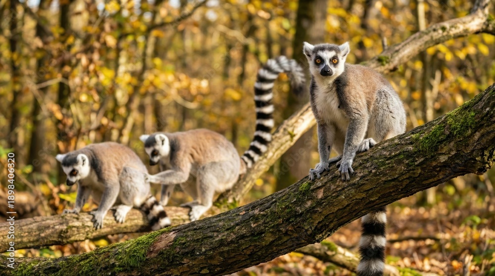 Fototapeta premium Ring-tailed lemurs in autumn forest habitat,expressing curiosity and social behavior,endangered species in their natural environment,perfect for wildlife and nature themes