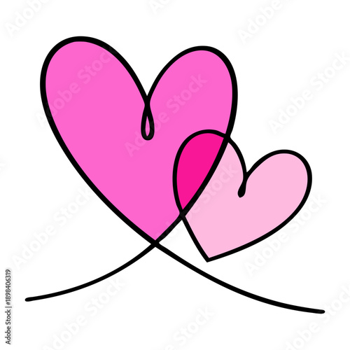 Dibujo de trazo único de corazones con relleno de color rosa para tarjetas y felicitaciones de San Valentín