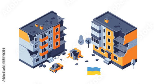Damaged buildings in conflict zone with ukraine flag isometric design