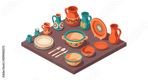 Isometric display of colorful traditional ceramic tableware with floral patterns