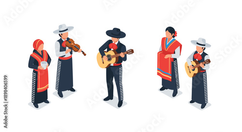 Traditional mexican mariachi musicians in isometric style performing with vibrant outfits and instruments on white background