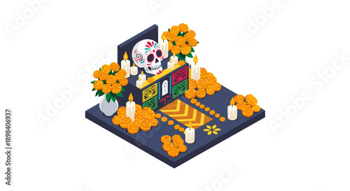 Festive dia de los muertos altar with candles and marigolds in isometric style