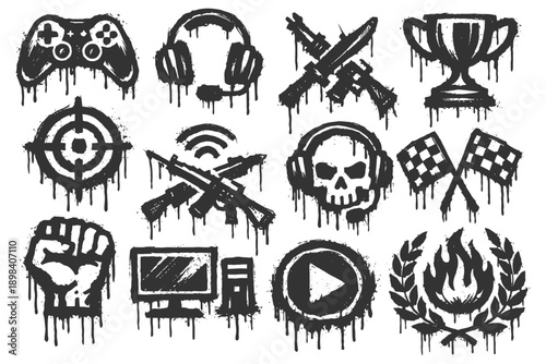 Grunge gaming icons with headsets and controllers in black drip art style.