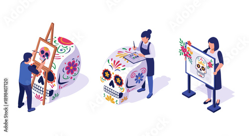Celebration of creative day of the dead art with colorful isometric designs