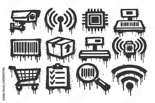 Grunge black stencil icons of technology and shopping including barcode and wifi symbols.