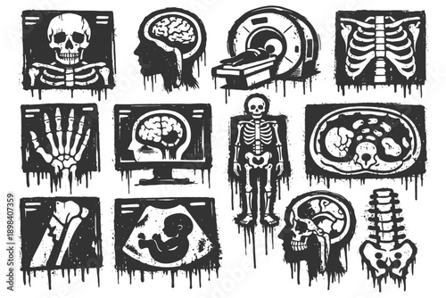 Grunge medical illustrations featuring human anatomy and imaging techniques.