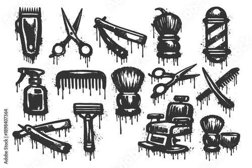 Dripping black barbershop tools with razor, scissors, and shaving brush.