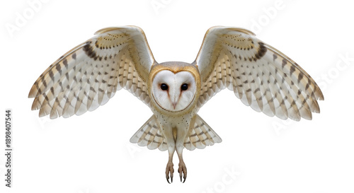 Barn owl in mid-flight with wings spread wide looking forward