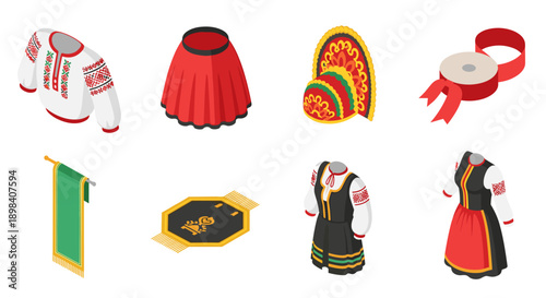 Traditional eastern european clothing set in isometric style