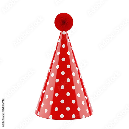 Vibrant red party hat with white polka dots and pom pom isolated on transparent background