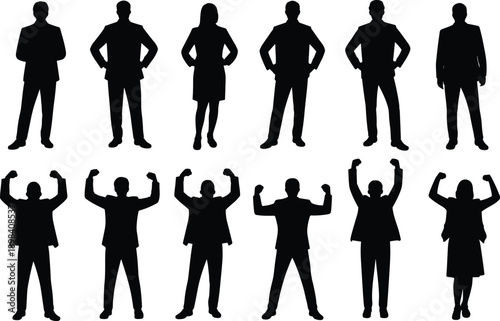 Business silhouettes, power poses, confident stance, professional icons, black vector, leadership posture, corporate figures, business attire