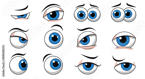 Set of expressive cartoon blue eyes collection isolated vector illustration emotions character design animation elements eye expression bundle pack assets