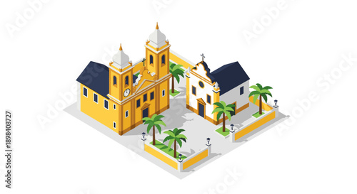 Isometric church and chapel with palm trees in a courtyard