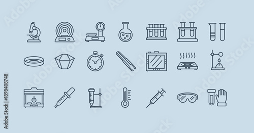 Collection of science laboratory equipment line icons, including microscope, flask, test tubes, syringe, goggles and burner vector symbols