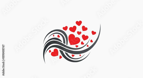 Red hearts float amidst swirling black lines on white background symbolizing love