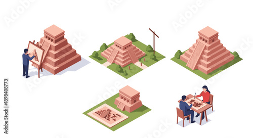 Isometric ancient pyramids and architects planning designs in creative scenes