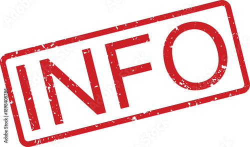 Red distressed rubber stamp with the word INFO inside a rectangular frame on a white background