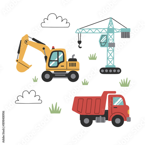 Flat vector construction equipment set featuring a yellow excavator, heavy duty truck and tower crane on white background for industrial design.