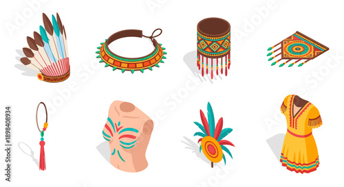Colorful isometric indigenous cultural elements and traditional attire set