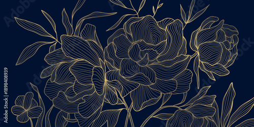 Luxury floral pattern with golden line peony flowers, Chinese and Japanese art, dark blue background. Elegant vector illustration with delicate outlines, decorative details, wedding invitation