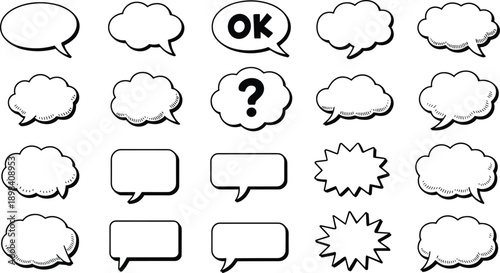 Comic speech bubbles, thought cloud icons, dialogue shapes, cartoon graphics, comic book elements, jagged burst, question mark, OK bubble, visual storytelling, comic layout, expressive symbols, graphi