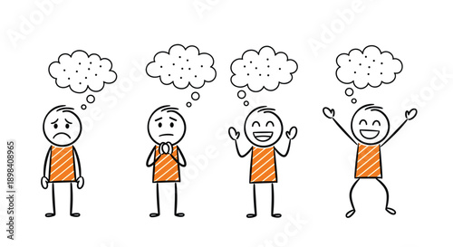 Stick figure emotion concept illustration, thinking mood transformation stages, sad to happy mindset change character vector isolated storytelling design