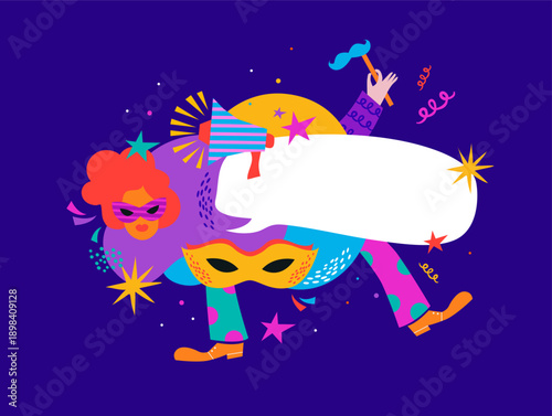 Happy Purim, poster with abstract geometric carnival elements. Modern vector design with splashes, speech bubbles, masks and confetti. 