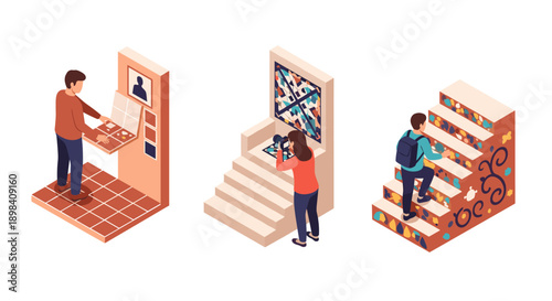 Creative exploration: people interacting with art in isometric gallery spaces