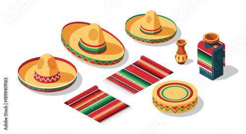 Traditional mexican sombreros and accessories in isometric style