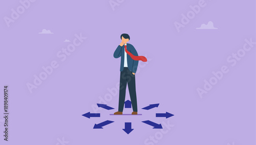 Confused businessman choosing direction. Choose career path, make life decision choice, decide the right or wrong direction, opportunity challenge, confusion or thinking to find the way.