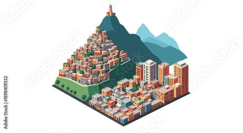 Isometric urban mountain mixed cityscape with colorful houses and skyscrapers